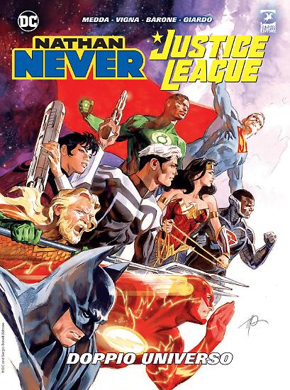 Nathan Never Justice League. Doppio Universo, variant cover di Massimo Carnevale.