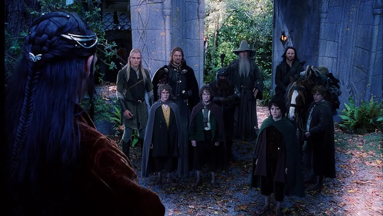 Sean Astin, Sean Bean, Elijah Wood, Viggo Mortensen, Ian McKellen, Orlando Bloom, Billy Boyd, Dominic Monaghan, John Rhys-Davies e Hugo Weaving in Il Signore degli Anelli - La compagnia dell'Anello