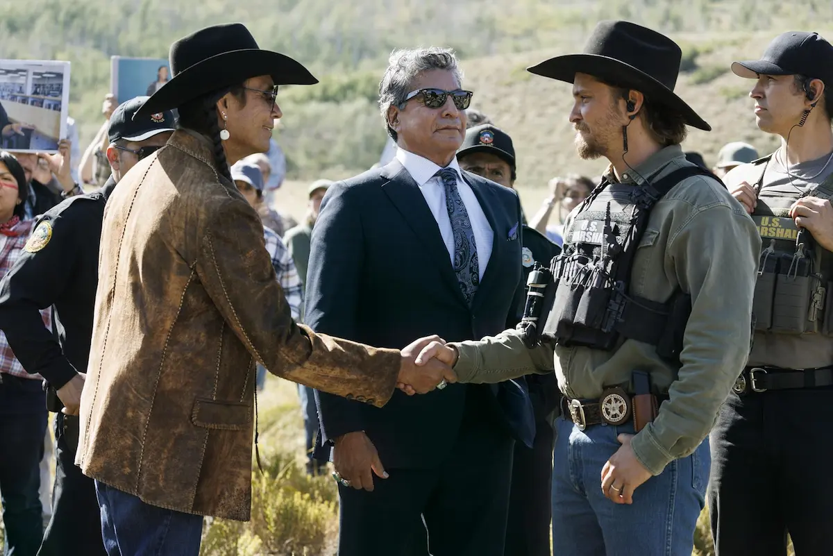 Gil Birmingham, Sonja Flemming, and Luke Grimes in in Marshals- A Yellowstone Story (2026)